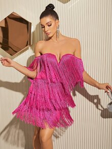Glamaker Off Shoulder Fringe Trim Dress - Hot Pink - View 7