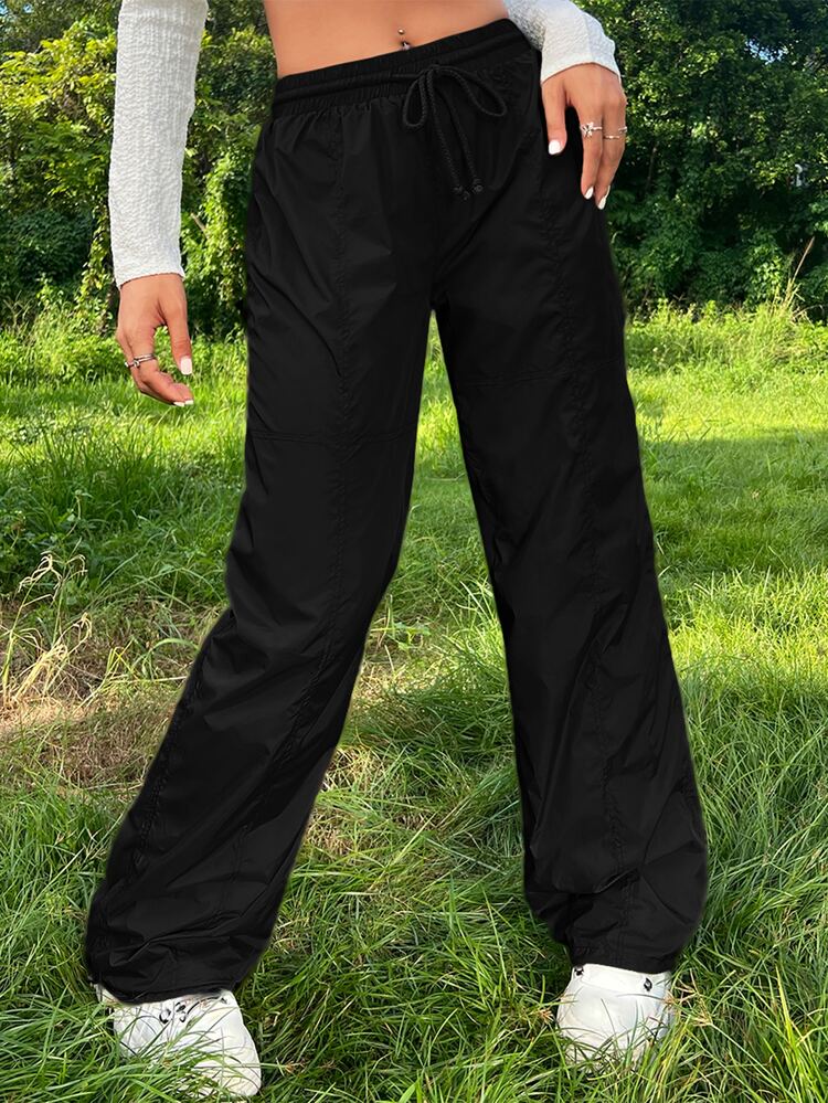 SHEIN ICON Gorpcore Solid Drawstring Waist Parachute Pants - Black - View 1