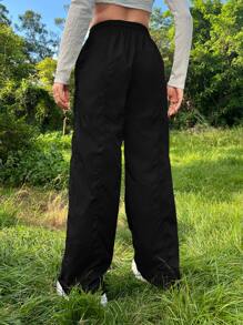 SHEIN ICON Gorpcore Solid Drawstring Waist Parachute Pants - Black - View 2