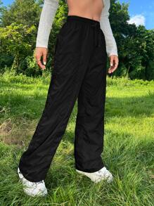 SHEIN ICON Gorpcore Solid Drawstring Waist Parachute Pants - Black - View 3