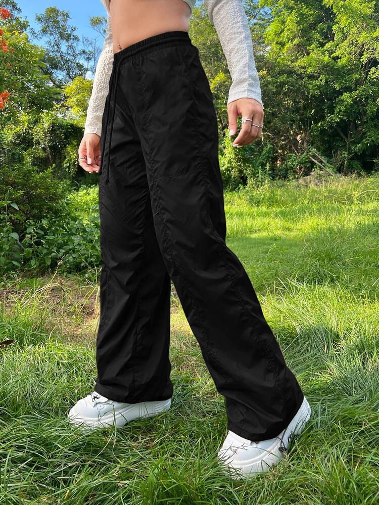SHEIN ICON Gorpcore Solid Drawstring Waist Parachute Pants - Black - View 4