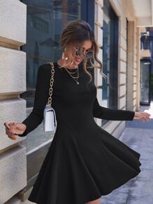 SHEIN Clasi Solid A-Line Dress - Black - View 1