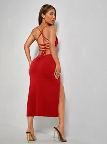 SHEIN PETITE Lace Up Backless Split Thigh Cami Dress - Red - View 2