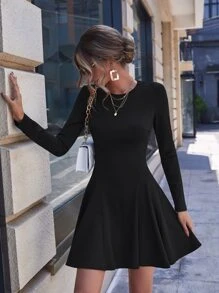 SHEIN Clasi Solid A-Line Dress - Black - View 3