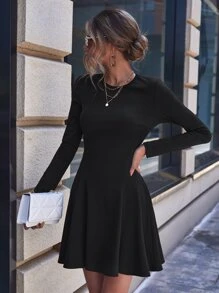 SHEIN Clasi Solid A-Line Dress - Black - View 4