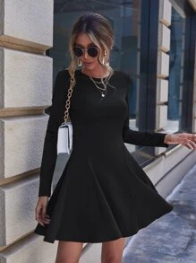 SHEIN Clasi Solid A-Line Dress - Black - View 5