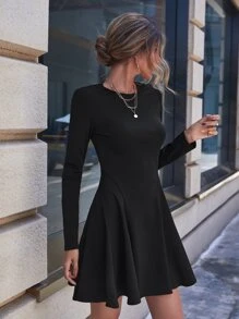 SHEIN Clasi Solid A-Line Dress - Black - View 6