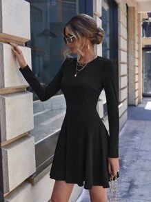 SHEIN Clasi Solid A-Line Dress - Black - View 7