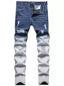 Men Two Tone Ripped Skinny Jeans - Medium Wash - View 1