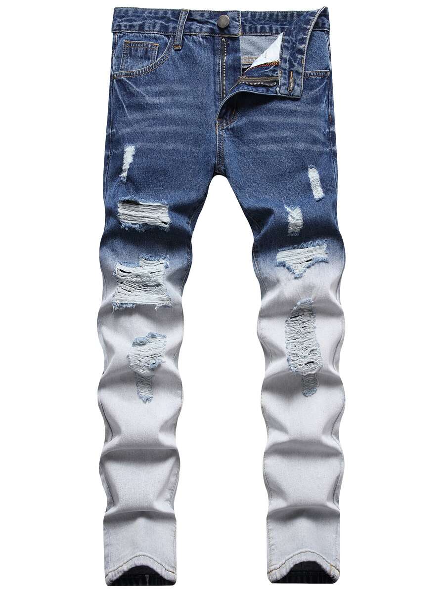 Men Two Tone Ripped Skinny Jeans - Medium Wash - View 1
