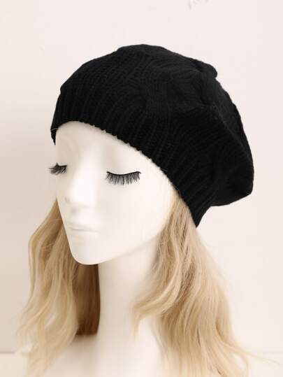 1Pc Black Solid Color Knitted Oversized Berets Lightweight Elastic Beanies Elegant Textured Beret Hats Coldproof Knit Hats For Women Autumn & Winter,School