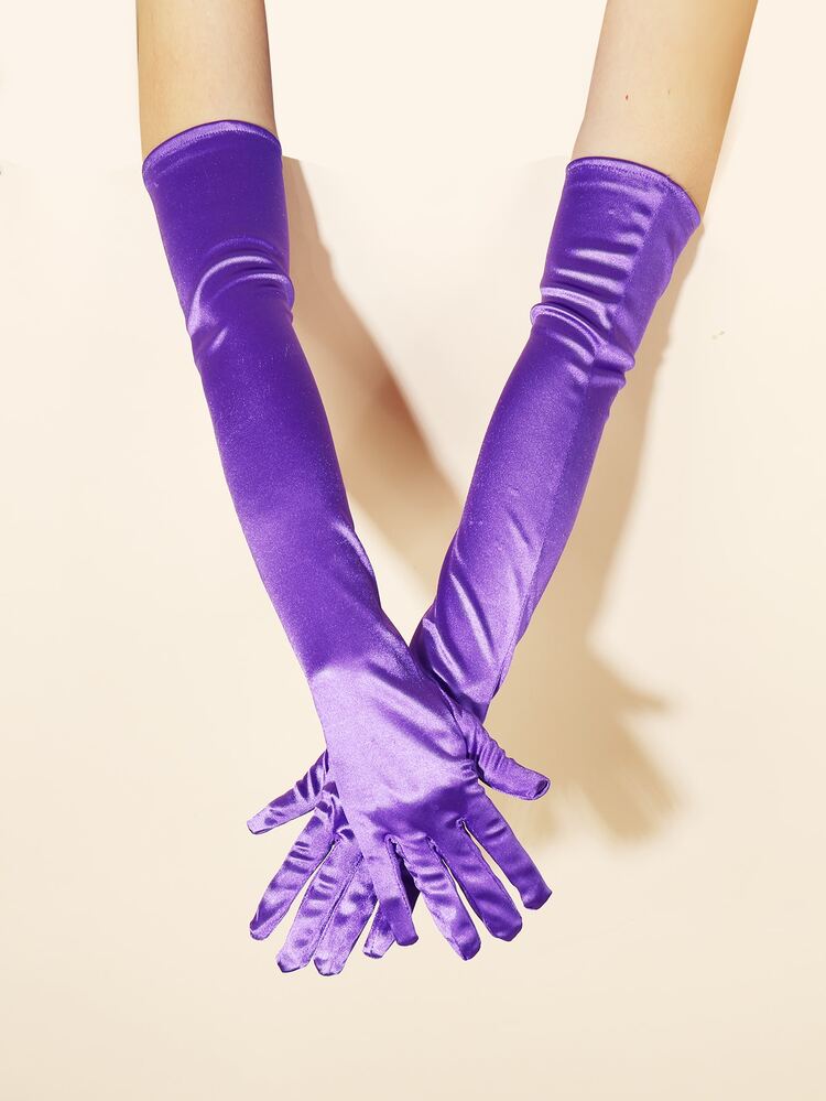 1 Pair Of Women's Purple Elbow Length Satin Gloves, Suitable For Daily Dance Party And Stage Performance - Purple - View 2