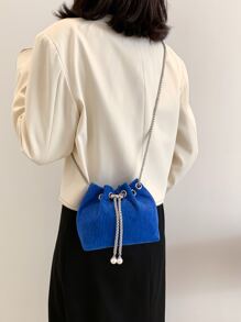 迷你仿珍珠装饰链条灯芯绒水桶包 2023 新款女士时尚单肩斜挎包 - 藍色 - 查看 3