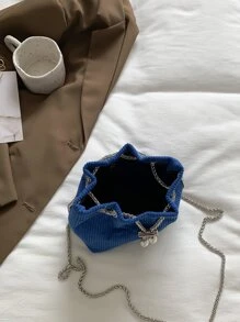 迷你仿珍珠装饰链条灯芯绒水桶包 2023 新款女士时尚单肩斜挎包 - 藍色 - 查看 5