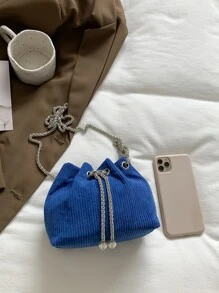 迷你仿珍珠装饰链条灯芯绒水桶包 2023 新款女士时尚单肩斜挎包 - 藍色 - 查看 6