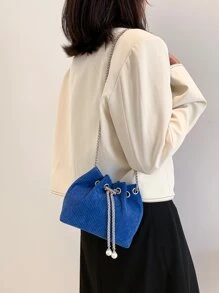 迷你仿珍珠装饰链条灯芯绒水桶包 2023 新款女士时尚单肩斜挎包 - 藍色 - 查看 7