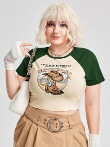 SHEIN EZwear Plus Raglan Sleeve Hat & Slogan Graphic Crop Tee - Multicolor - View 1
