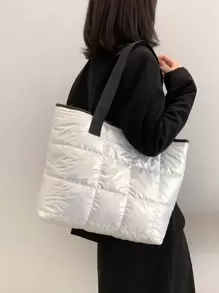 Metallic Quilted Contrast Binding Shoulder Tote Bag - White - View 1