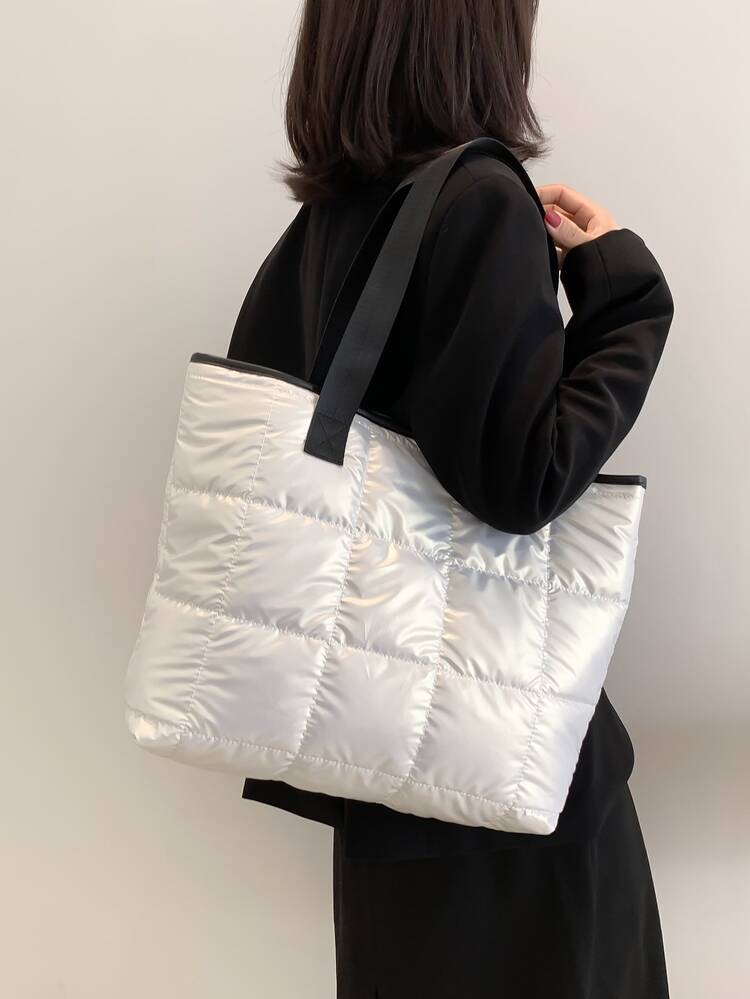 Metallic Quilted Contrast Binding Shoulder Tote Bag - White - View 1