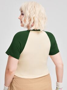 SHEIN EZwear Plus Raglan Sleeve Hat & Slogan Graphic Crop Tee - Multicolor - View 2