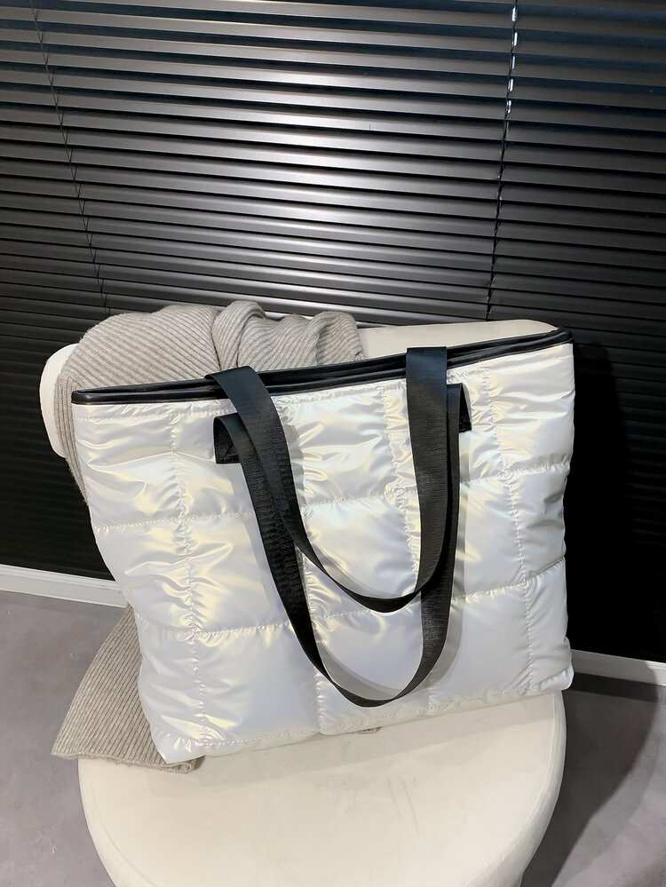 Metallic Quilted Contrast Binding Shoulder Tote Bag - White - View 2