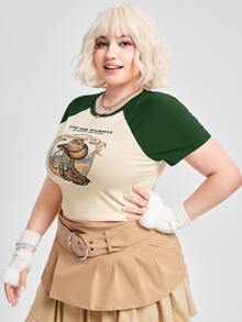 SHEIN EZwear Plus Raglan Sleeve Hat & Slogan Graphic Crop Tee - Multicolor - View 3