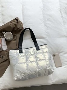 Metallic Quilted Contrast Binding Shoulder Tote Bag - White - View 5