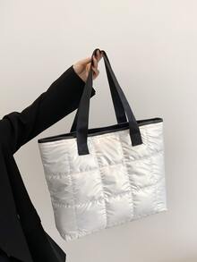 Metallic Quilted Contrast Binding Shoulder Tote Bag - White - View 6