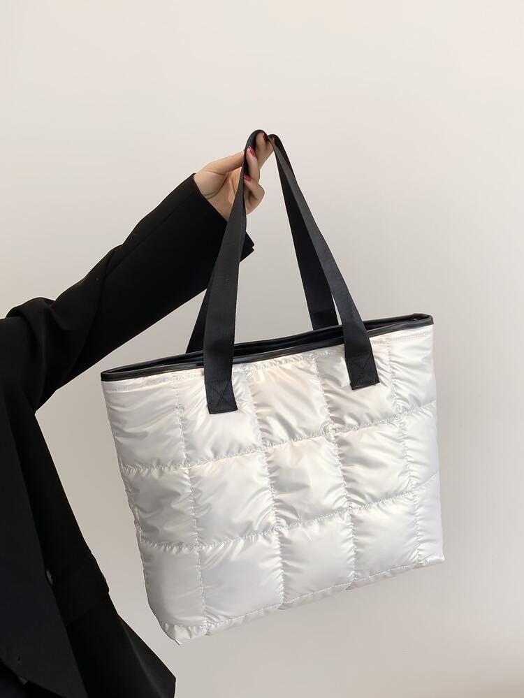 Metallic Quilted Contrast Binding Shoulder Tote Bag - White - View 6