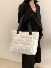 Metallic Quilted Contrast Binding Shoulder Tote Bag - White - View 7