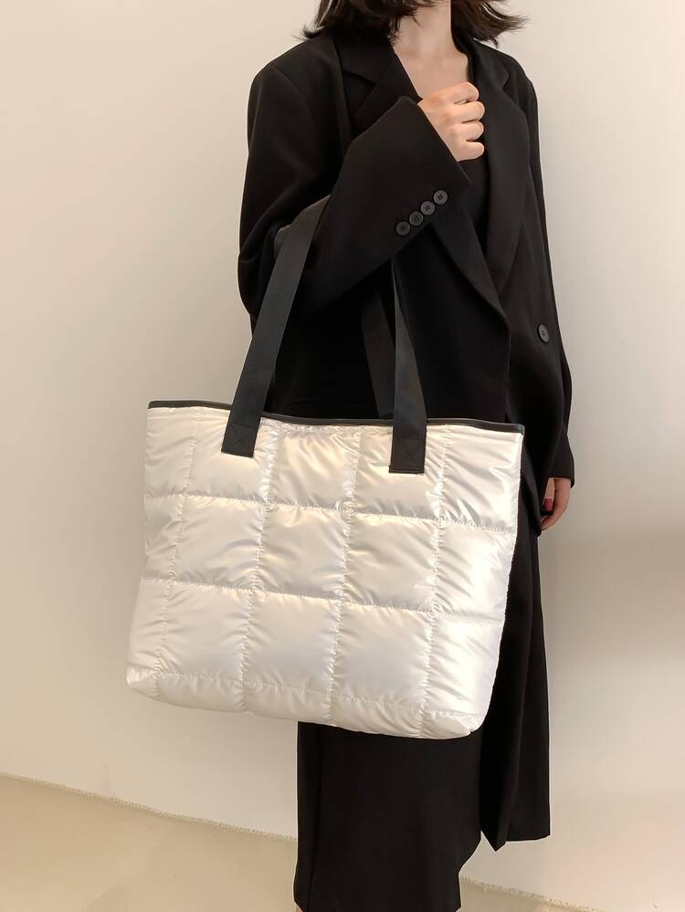 Metallic Quilted Contrast Binding Shoulder Tote Bag - White - View 7