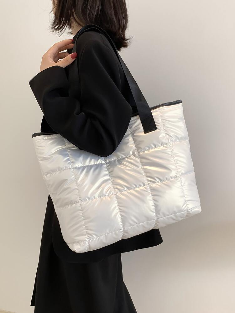 Metallic Quilted Contrast Binding Shoulder Tote Bag - White - View 8