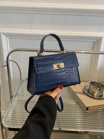 Lightweight,Business Casual Mini Crocodile Embossed Twist Lock Flap Square Bag For Teen Girls Women College Students,Rookies & White-Collar Workers Perfect For Office,College,Work ,Business,Commute,Outdoors, Travel, Outings, Animal Print Women Bag