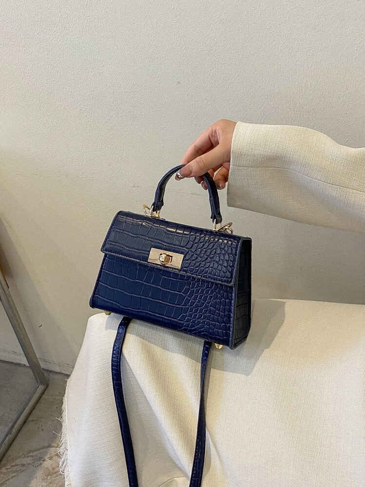 Lätt, Business Casual Mini Krokodil präglad Twist Lock Flik Fyrkantig väska För tonårsflickor Kvinnor Högskolestudenter, Rookies och tjänstemän Perfekt för kontor, högskola, arbete, affärer, pendling, utomhus, resor, utflykter - Marinblå - Visa 5