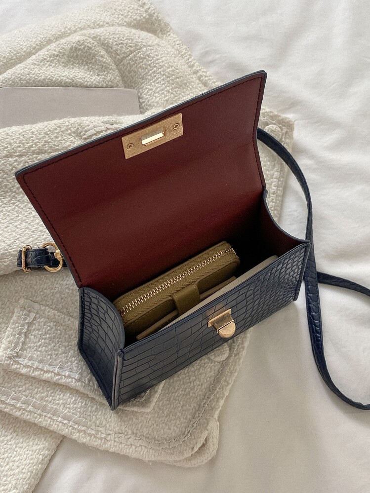 Lätt, Business Casual Mini Krokodil präglad Twist Lock Flik Fyrkantig väska För tonårsflickor Kvinnor Högskolestudenter, Rookies och tjänstemän Perfekt för kontor, högskola, arbete, affärer, pendling, utomhus, resor, utflykter - Marinblå - Visa 6