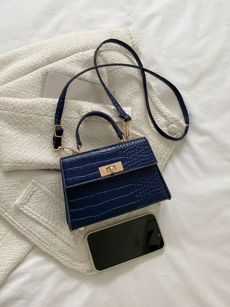 Lätt, Business Casual Mini Krokodil präglad Twist Lock Flik Fyrkantig väska För tonårsflickor Kvinnor Högskolestudenter, Rookies och tjänstemän Perfekt för kontor, högskola, arbete, affärer, pendling, utomhus, resor, utflykter - Marinblå - Visa 7