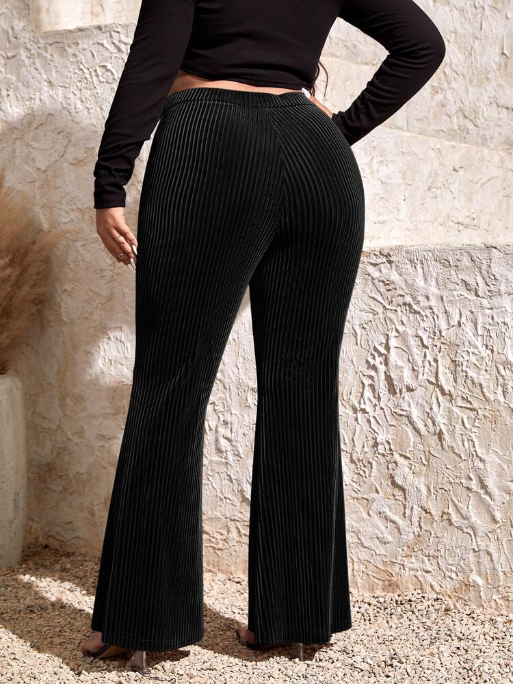 SHEIN SXY Plus High Waist Rib-knit Flare Leg Trousers - Black - View 2
