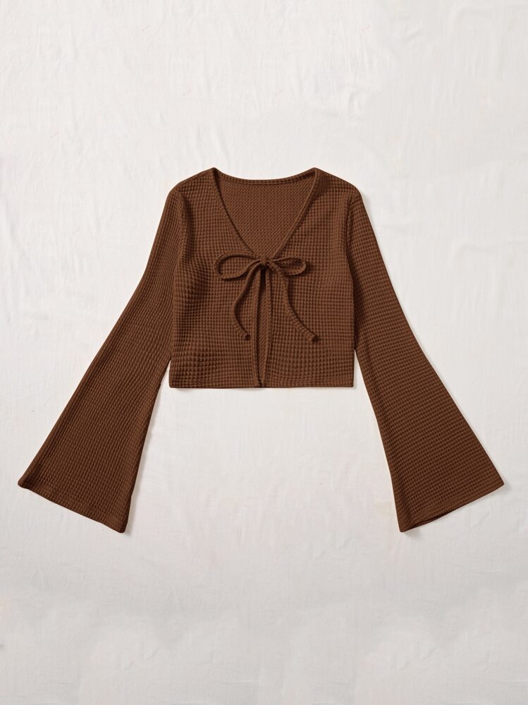 SHEIN EZwear Tie Front Bell Sleeve Crop Top - Coffee Brown - View 3