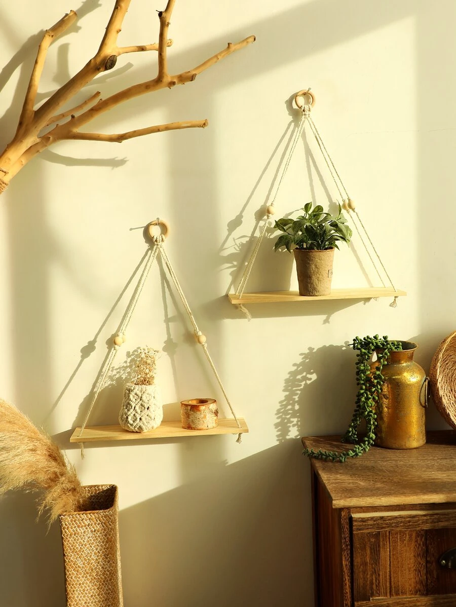 2 kệ treo tường bằng gỗ - Kệ treo cây Macrame có tua rua, Kệ nổi lưu trữ Boho thủ công mộc mạc Giá treo chậu cây, Đồ trang trí nhà cửa, Đồ trang trí phòng, Đồ trang trí tường