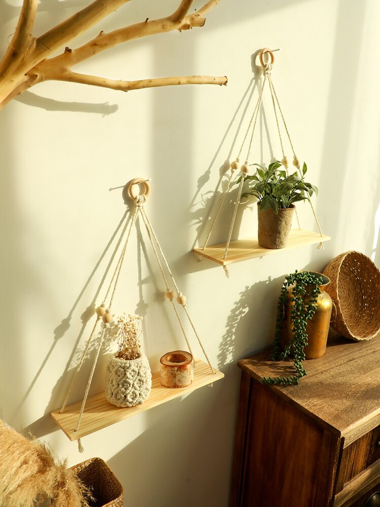 2 kệ treo tường bằng gỗ - Kệ treo cây Macrame có tua rua, Kệ nổi lưu trữ Boho thủ công mộc mạc Giá treo chậu cây, Đồ trang trí nhà cửa, Đồ trang trí phòng, Đồ trang trí tường - Nhiều màu - Xem 2