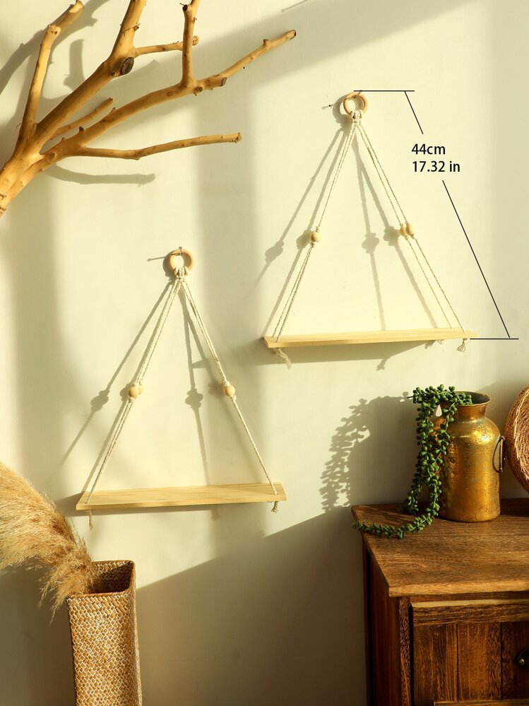 2 kệ treo tường bằng gỗ - Kệ treo cây Macrame có tua rua, Kệ nổi lưu trữ Boho thủ công mộc mạc Giá treo chậu cây, Đồ trang trí nhà cửa, Đồ trang trí phòng, Đồ trang trí tường - Nhiều màu - Xem 3