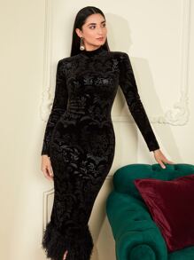 Modelyn Mock Neck Split Back Fuzzy Hem Jacquard Bodycon Dress - Black - View 5