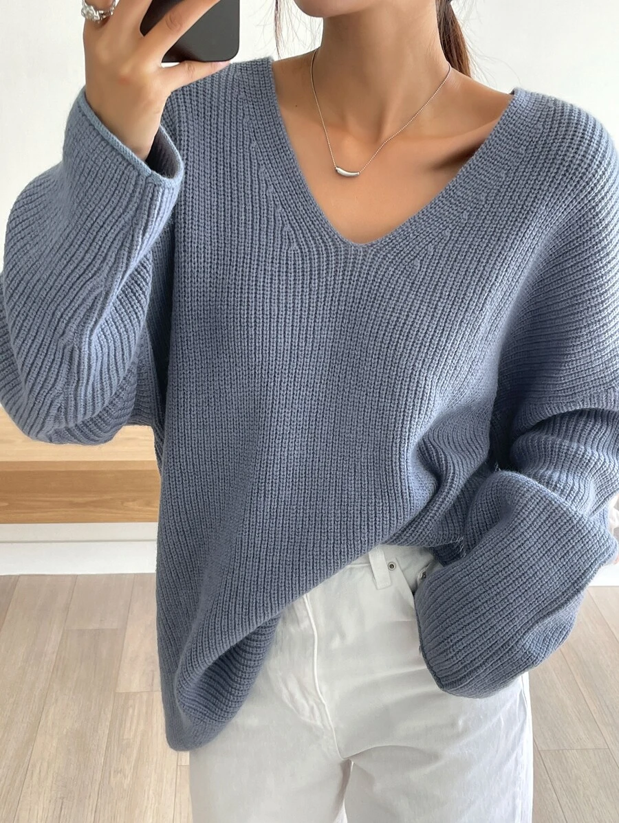 DAZY Drop Shoulder Ribbed Knit Jumper - Dusty Blue - View 1