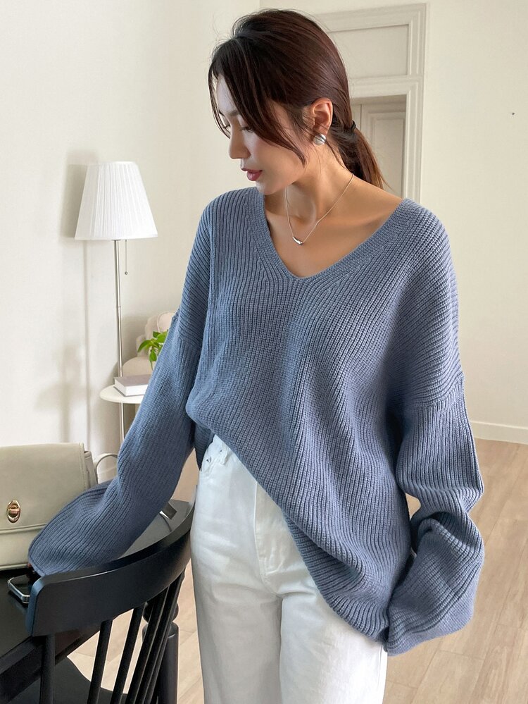 DAZY Drop Shoulder Ribbed Knit Sweater - Dusty Blue - View 2
