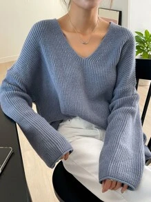 DAZY Drop Shoulder Ribbed Knit Jumper - Dusty Blue - View 3