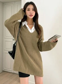 DAZY Drop Shoulder Ribbed Knit Jumper - Khaki - View 2