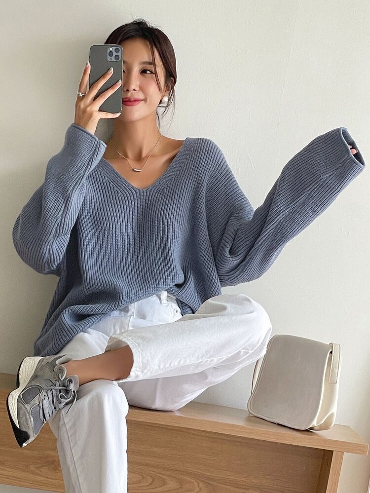 DAZY Drop Shoulder Ribbed Knit Sweater - Dusty Blue - View 4