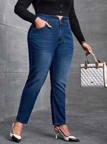 SHEIN Essnce Plus Asymmetrical Waist Skinny Jeans - Dark Wash - View 5