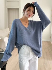 DAZY Drop Shoulder Ribbed Knit Jumper - Dusty Blue - View 5