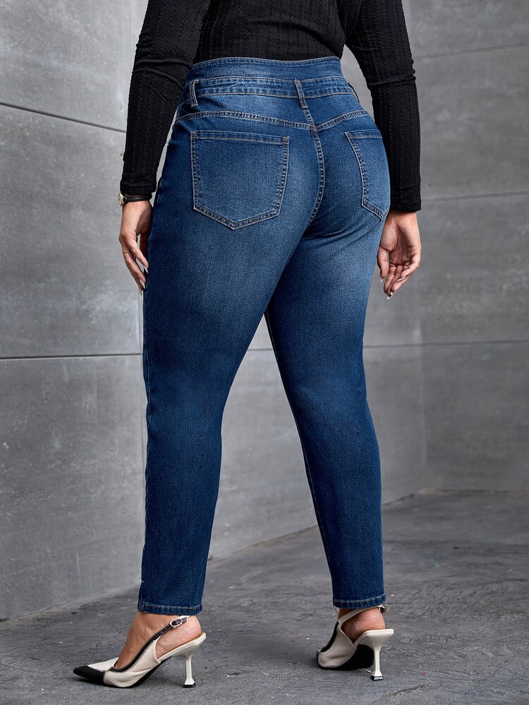 SHEIN Essnce Plus Asymmetrical Waist Skinny Jeans - Dark Wash - View 2